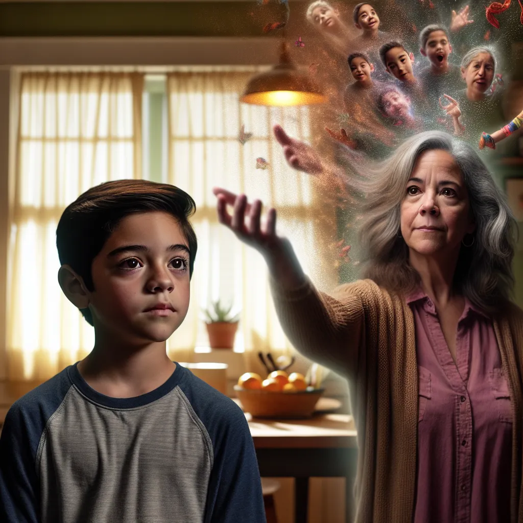 A young boy named Charlie accidentally transforms into the Mexican mother, Rosa, during a playdate with his friend Mateo. As Rosa, she navigates her kitchen, memories fading as she embodies her new identity. The image depicts the transformative moment as Charlie's features shift to mirror Rosa's, capturing the essence of the story's magical and poignant narrative.