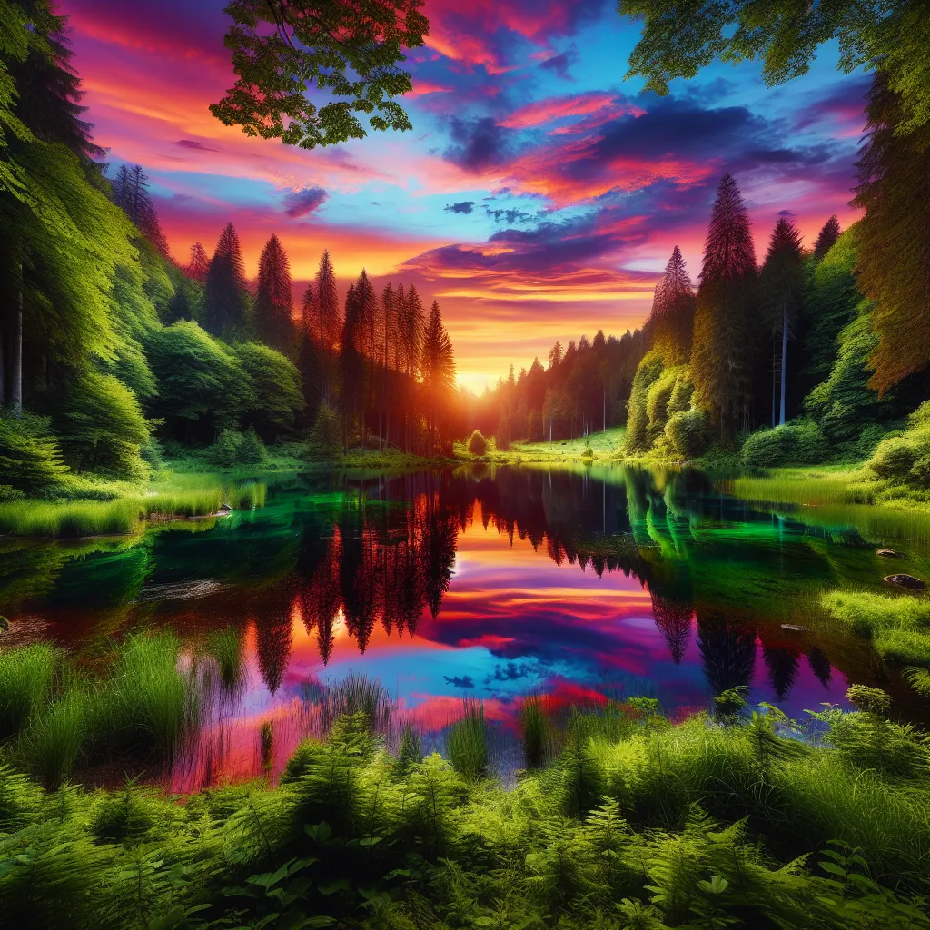 A tranquil forest scene with a vibrant sunset sky reflecting on a calm lake surrounded by lush green trees.