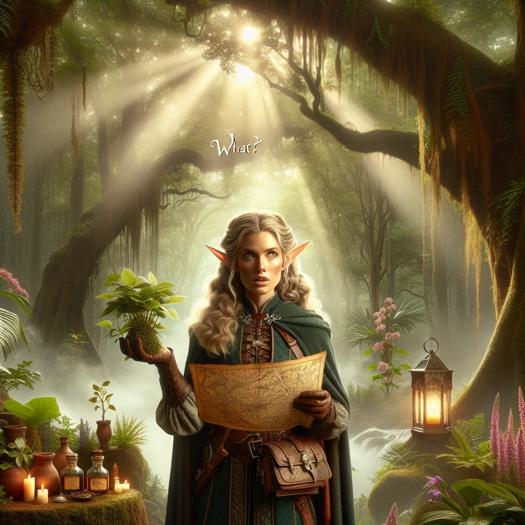 An image depicting a young elven girl named Lyra standing at the edge of a misty forest clearing. She is surrounded by towering trees and colorful flora, with beams of soft sunlight filtering through the canopy above. Lyra is holding an old, ornate map in one hand and a satchel filled with herbs and potions in the other. Her expression is a mixture of curiosity, determination, and anticipation as she contemplates the echoing question whispered by the forest: "What?"