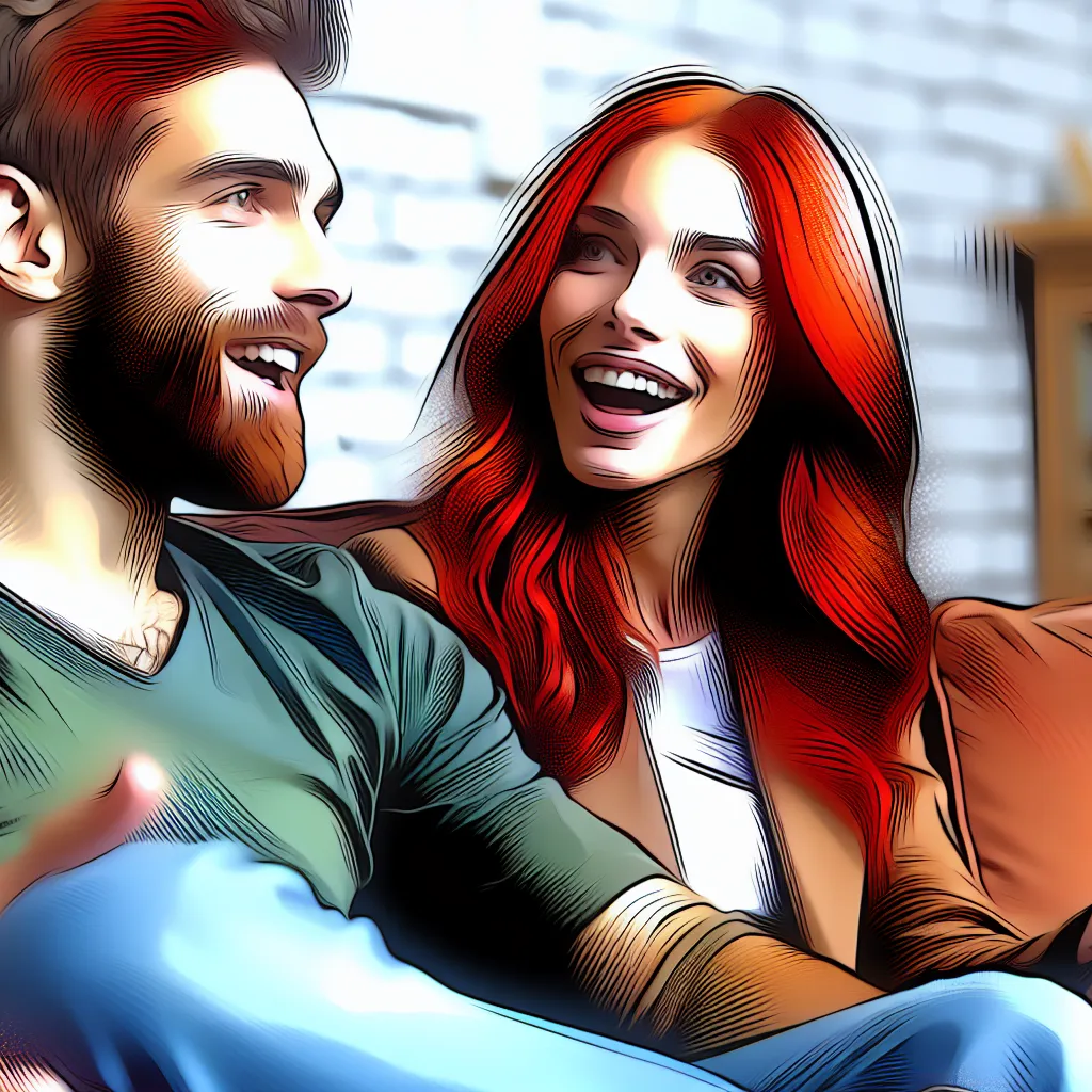 Description: An image depicting two individuals, a man and a woman, sitting on a couch and engaged in a lively conversation. The woman, formerly the man's best friend, is now a stunning redhead and they share a warm and genuine bond. The image captures the humor and camaraderie between the two as they enjoy each other's company in their unconventional relationship.