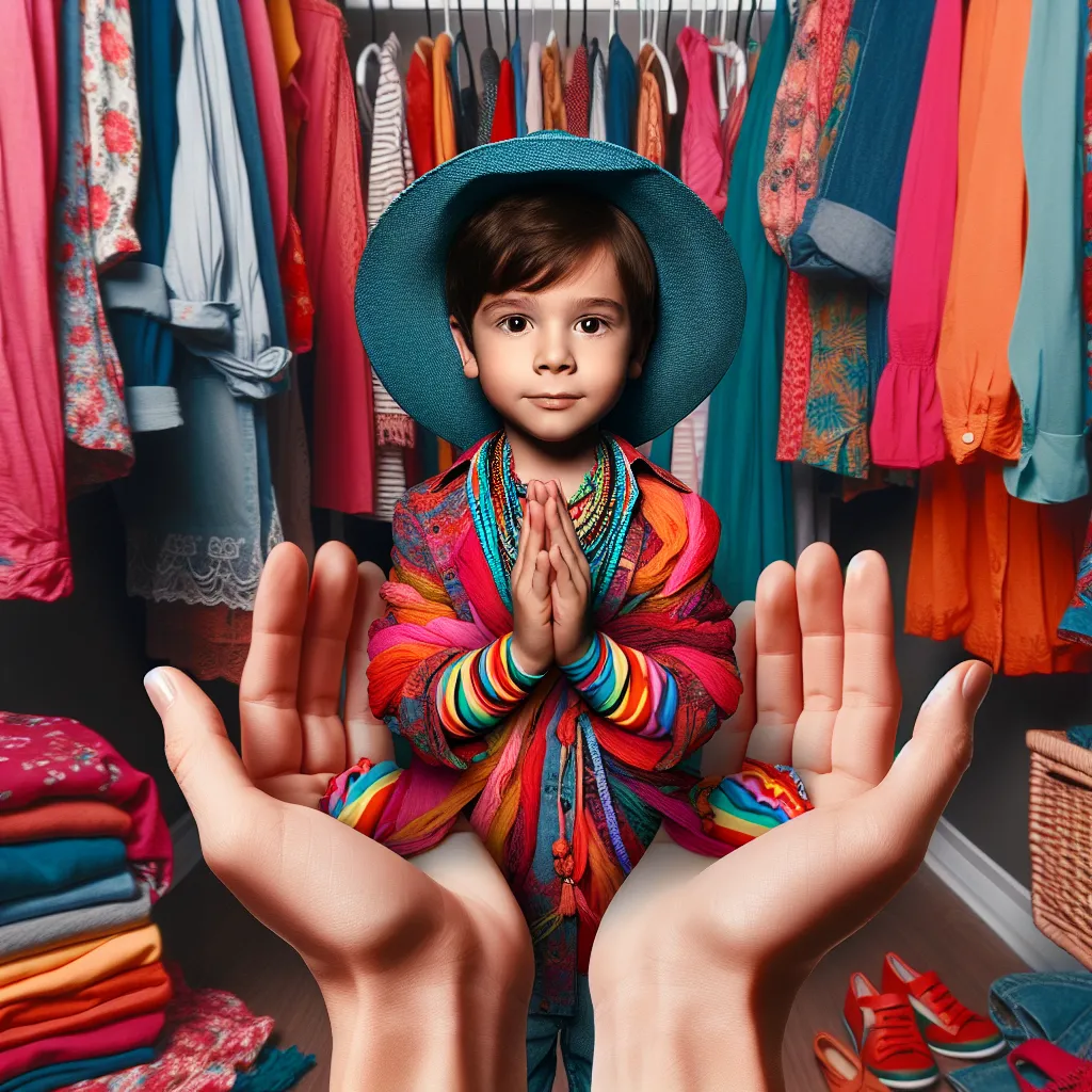 An image of a small boy in a colorful dress, with his hands transforming into the hands of a woman, standing in a closet filled with colorful clothes and accessories.