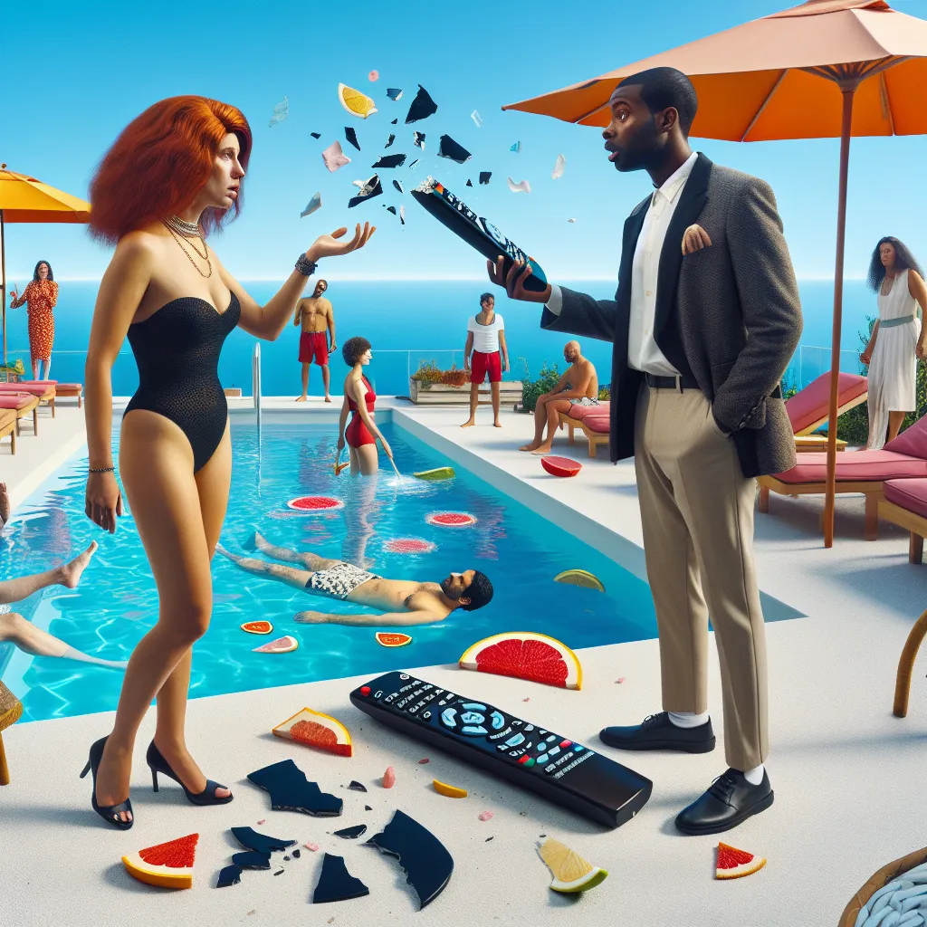 A poolside scene is disrupted when a mysterious black remote inadvertently transforms the narrator's best friend, Darius, into a curvaceous redheaded mom. Darius, now embodying a new persona with confidence and sass, remains oblivious to the change, while the narrator grapples with the bizarre reality-warping revelation. The fragmented remote lies as a shattered token of the altered world around them, where everyone's bodies and identities are mismatched.