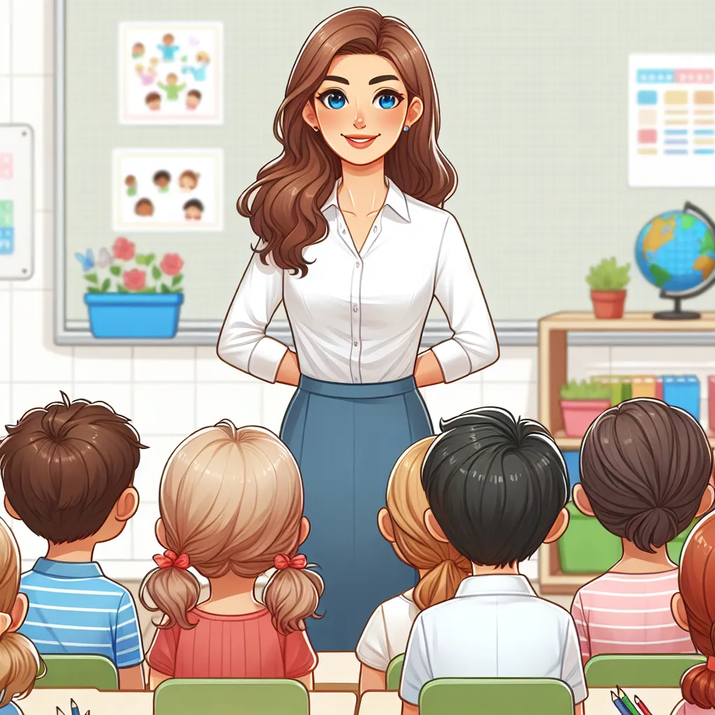 An image depicting a confident and dedicated female teacher, Mrs. Hamilton, standing at the front of her kindergarten classroom surrounded by her young students. The children are engaged and attentive, while Mrs. Hamilton exudes warmth and professionalism.