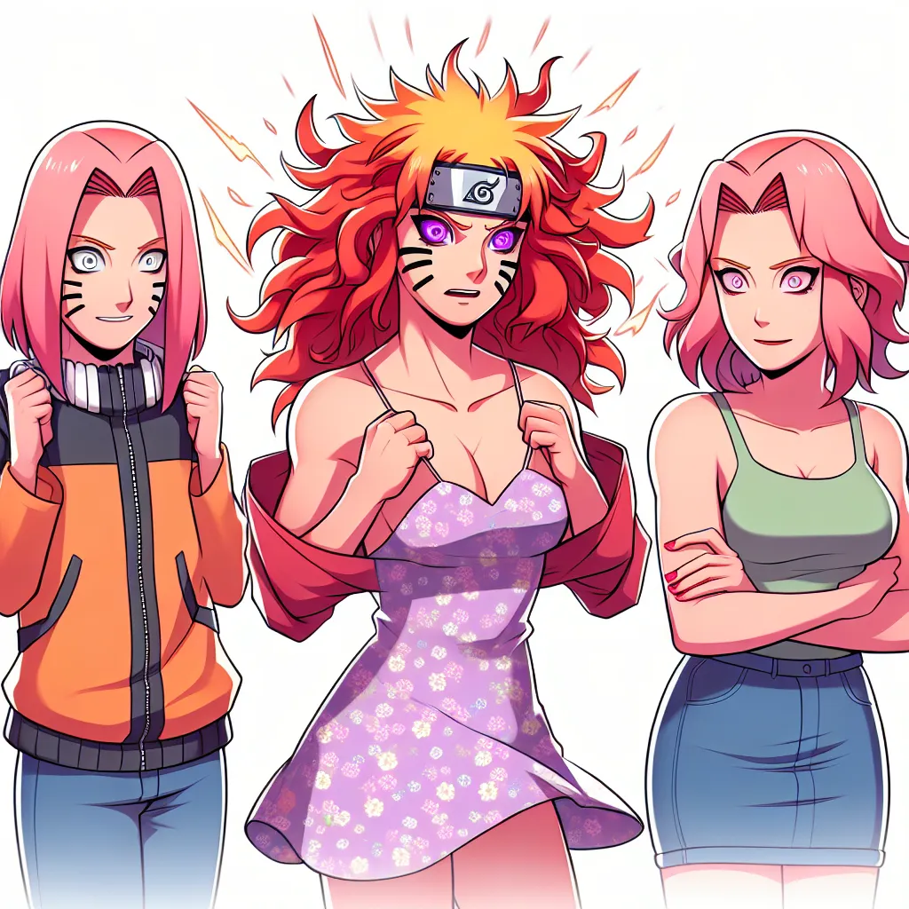 An image of Naruto transforming into a girl with fiery red hair, violet eyes, and a frilly two-piece bikini, while Sakura and Ino look on with amusement and acceptance.