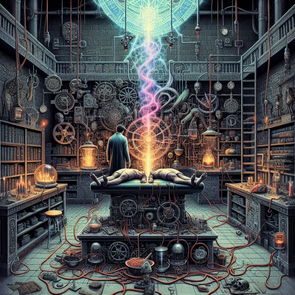 A cluttered laboratory with shelves of old tomes and mystical symbols. Two operating tables in the center, one holding a sedated woman with raven hair, the other holding a muscular man. Elaborate devices hover above each person, connected by wires and arcane relics. A console is activated, gears grinding to life, emitting a low hum. Ancient incantations are spoken as mist swirls above the bodies. The mist glows in shades of crimson and sickly green, then fuses the two bodies in a blinding burst 