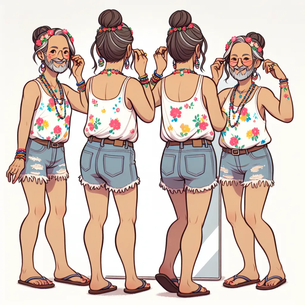 An image of a transformed Alex, now Rosa, standing in front of a mirror, dressed in a white tank top with colorful floral patterns, frayed jean shorts, flip flops, and adorned with jewelry. She is adjusting her hair bun and smiling at her reflection.