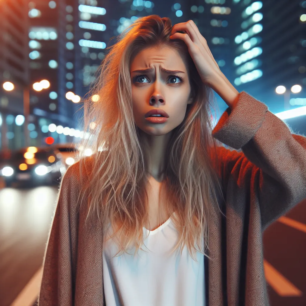 The image should depict a confused woman, Lucia, standing alone on a city street at night, looking lost and disoriented.