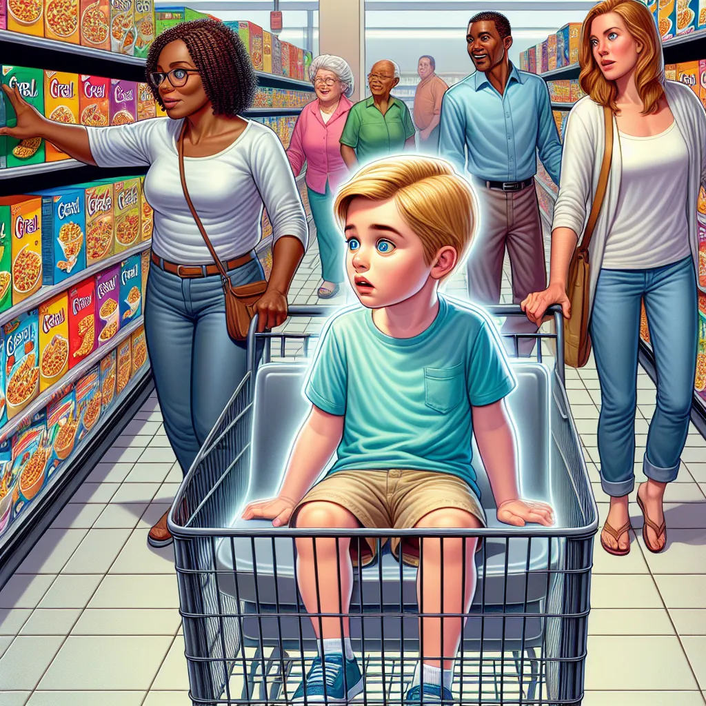 An image showing a young boy, Leo, and his mother, Allison, shopping in a bustling grocery store. Leo, with bright blue eyes and golden blond hair, is sitting in a metal cart's child seat, looking around with wide eyes. Allison, with chestnut brown hair and green eyes, is pushing the cart down the colorful cereal aisle. The image captures the moment when Leo begins to experience a strange phenomenon, feeling transparent and ghost-like as he tries to call out to his mother, who remains unaware of