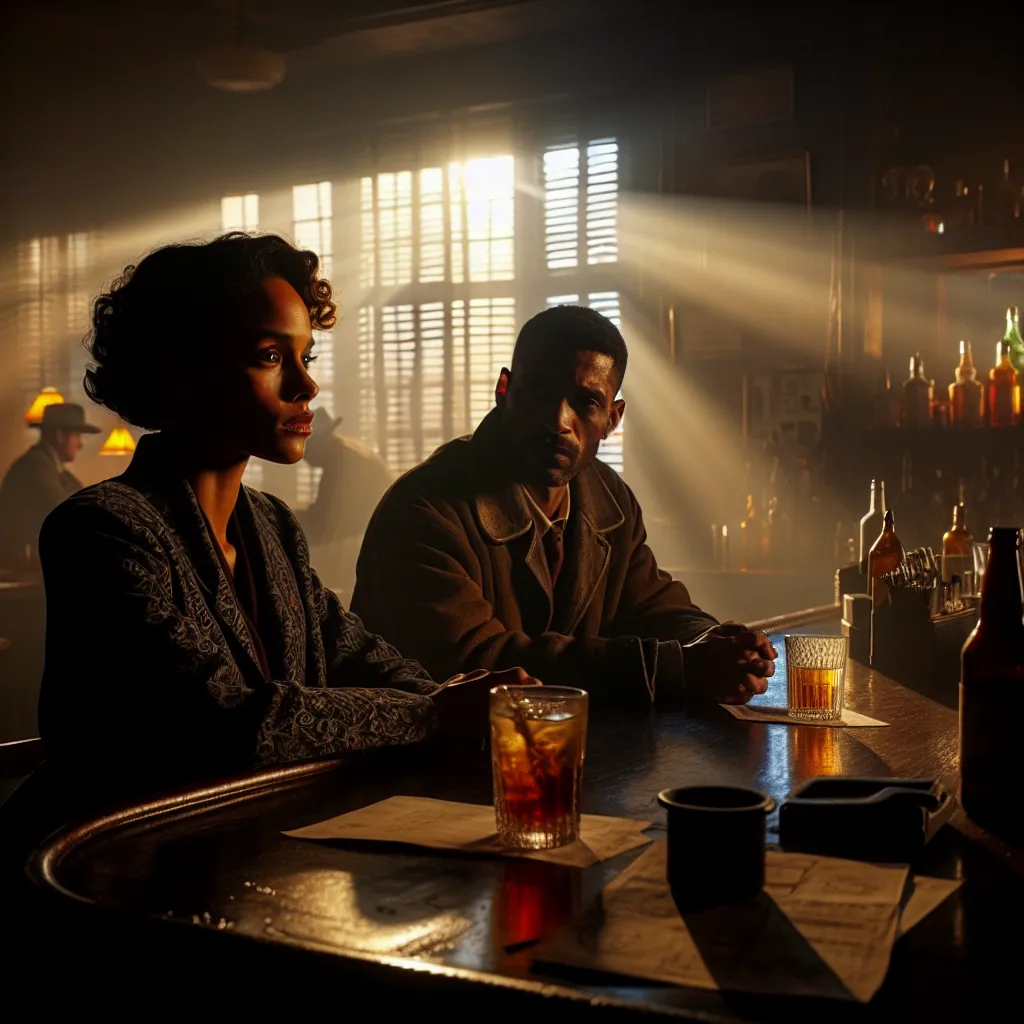 A mysterious scene in a dimly lit bar at dawn, where Marlowe Price, the owner of City Limit Club, encounters a man named Ezra who knew her missing sister, Corinne. As they share a tense conversation over drinks, new clues emerge about Corinne's disappearance, sparking hope and determination in Marlowe.