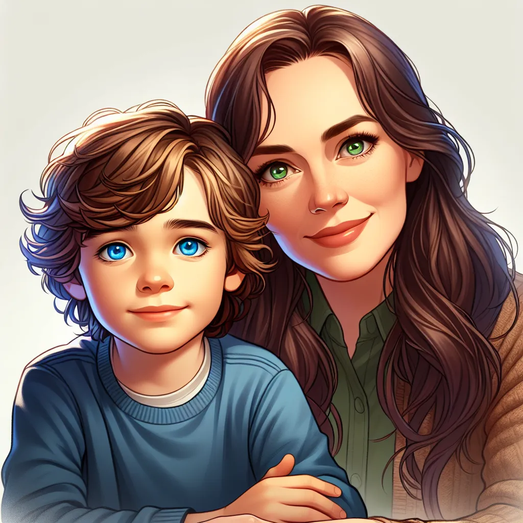 The image will feature a seven-year-old boy and his mother, depicted as they navigate through a transformative and challenging situation. The boy, Alex, has wavy brown hair and bright blue eyes, while his mother, Lily, has long, straight dark brown hair and deep green eyes. They are accompanied by Emma, Alex's female friend, who has light blonde hair and hazel eyes. The focus of the image is on the resilience and love shared amongst the characters as they overcome a dangerous encounter with burg