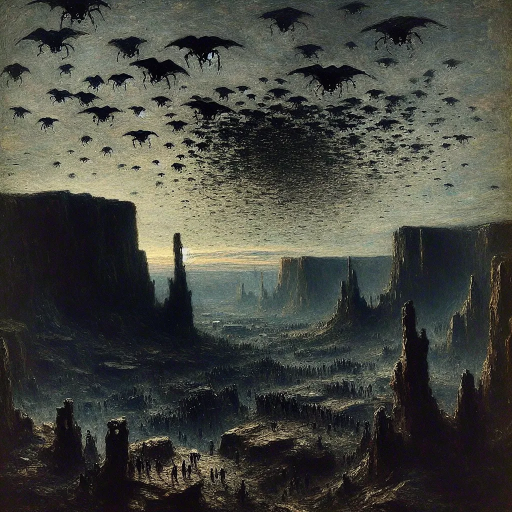 Shadow, Invasion, Alien, Threat, Plague in the style of Monet