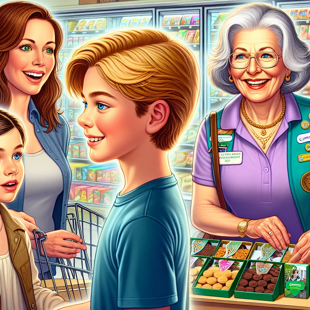 A composition of four individuals - Alex, his mother Jessica, his grandmother Margaret, and Linda Walker - is depicted in a neighborhood grocery store. Alex, a young boy with sandy blonde hair and bright blue eyes, celebrates his eighth birthday as Jessica, his mother with chestnut brown hair and emerald green eyes, observes. Margaret, Alex's grandmother, is shown with silvery grey hair and gentle laugh lines. Linda, a woman in her 50s with auburn hair and hazel eyes, interacts with Alex at a Gi
