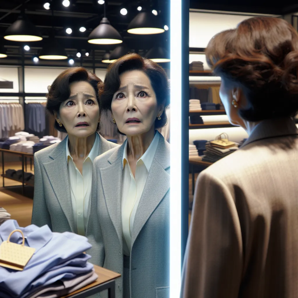 A young boy named Henry experiences a mysterious transformation while shopping with his mom in a store, finding himself trapped in the body of an older woman named Sun-ja. The image will depict Henry, now in Sun-ja's body, standing in shock in front of a mirror, seeing Sun-ja's reflection staring back at him with dark brown eyes and styled hair, conveying the confusion and turmoil of his sudden change.