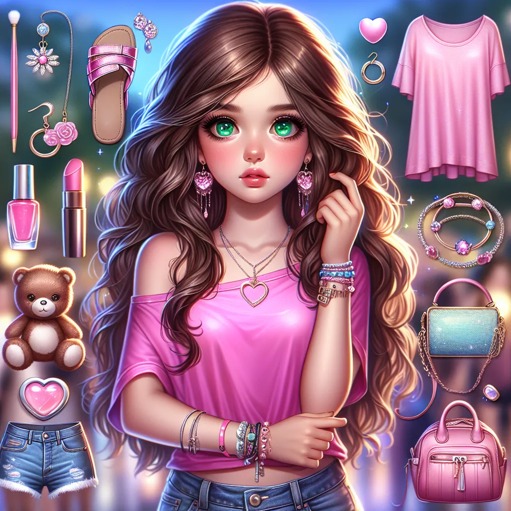 An image of a young girl named Tiffany, with long wavy brown hair, sparkling green eyes, and wearing a neon pink crop top, denim shorts, and shimmering sandals. She is holding a stuffed animal and surrounded by accessories like earrings, a bracelet, lip gloss, and a hair clip. The image captures her confusion and discomfort as she undergoes a transformation from a boy named Timmy. The background depicts a calm nighttime scene, symbolizing the transition into Tiffany's new life.