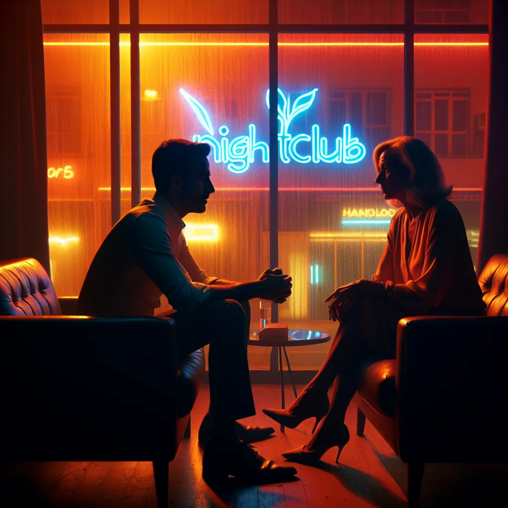 Description: A dimly-lit office, saturated in amber hues, with Clara Mercer, the owner of Club Eclipse, sitting across from Dr. Samuel Holt, a psychologist, as they engage in a heartfelt conversation about Clara's lingering pain and the unexplained disappearance of her younger sister Lilith. Cast in eerie neon lights, Club Eclipse stands just outside the window, beckoning with the promise of solace and the echo of shadows.