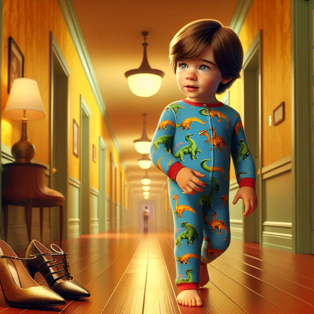A description of a young boy named Owen James Renfield, standing at 3 feet tall, with pale brown hair and vibrant blue eyes, wandering around a spacious hallway in dinosaur pajamas, encountering a pair of shoes left behind by his mother's friend, Chelsea.
