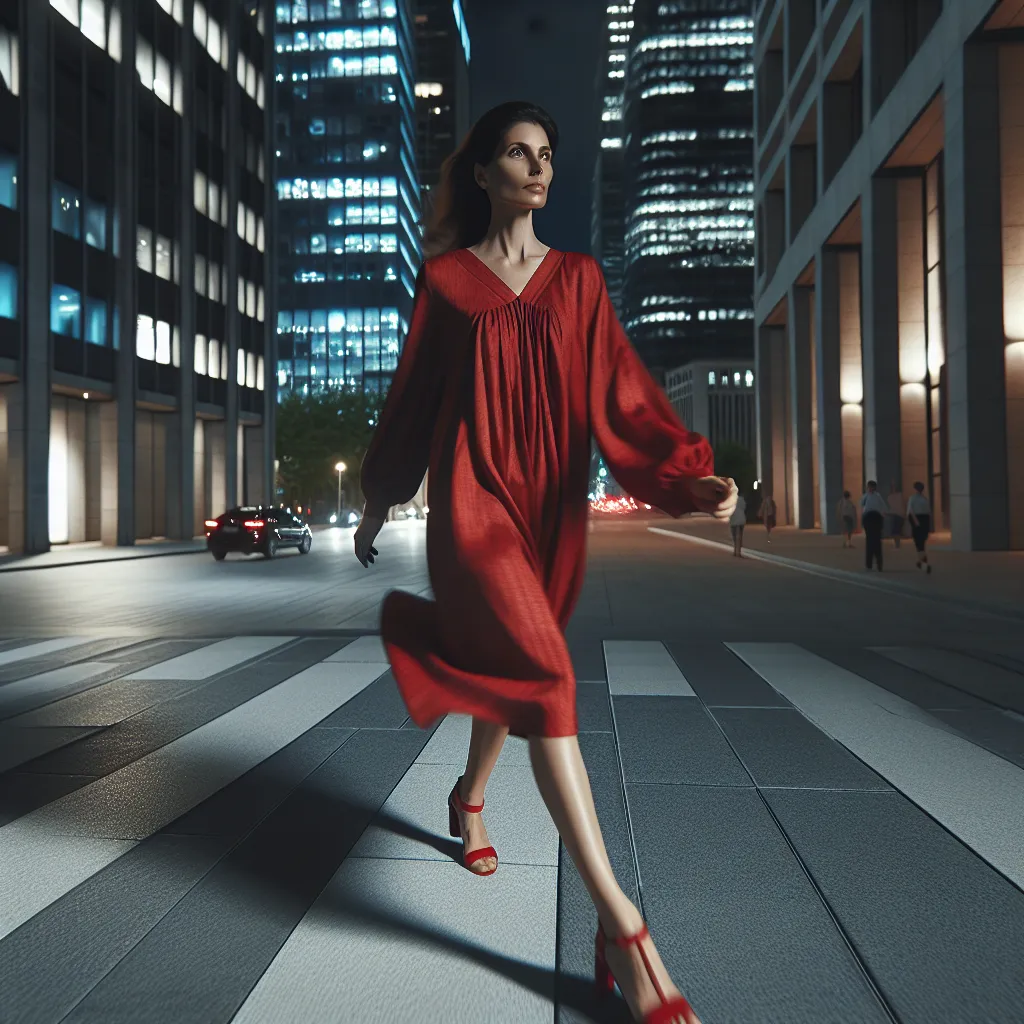 A confident, feminine woman named Jessica in a skimpy red dress and matching red sandals walks confidently through a city at night.