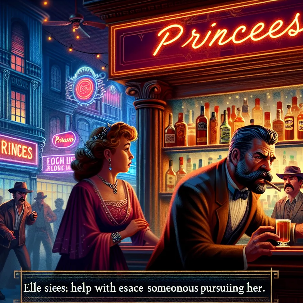 A tense scene at the Princess Bar in Madripoor unfolds as Elle seeks help from the enigmatic Wolverine to escape a dangerous pursuer. The dimly lit bar is filled with unsavory characters, neon lights, and whispers of dark deeds.
