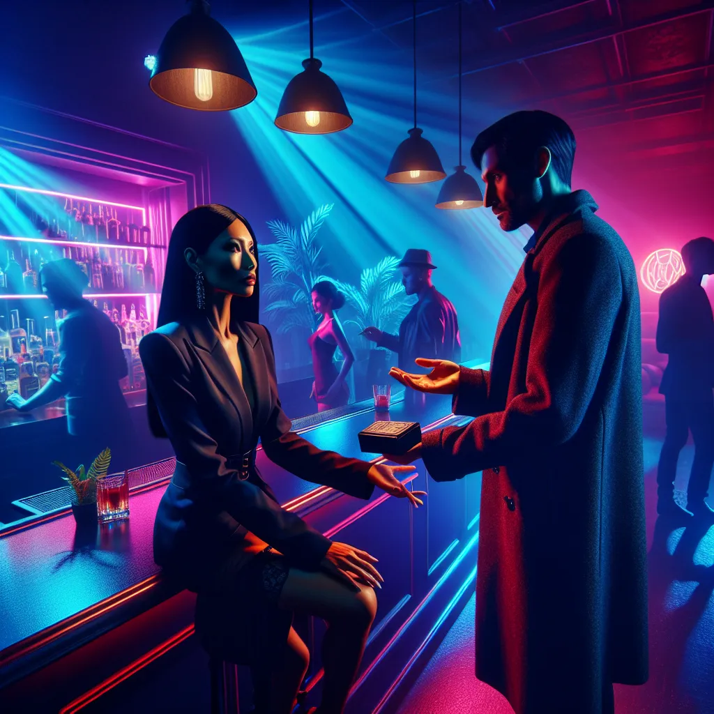 A mysterious scene unfolds at Club Indigo as owner Olivia Quinn encounters a stranger with a cryptic message amidst the pulsing music and shifting shadows.