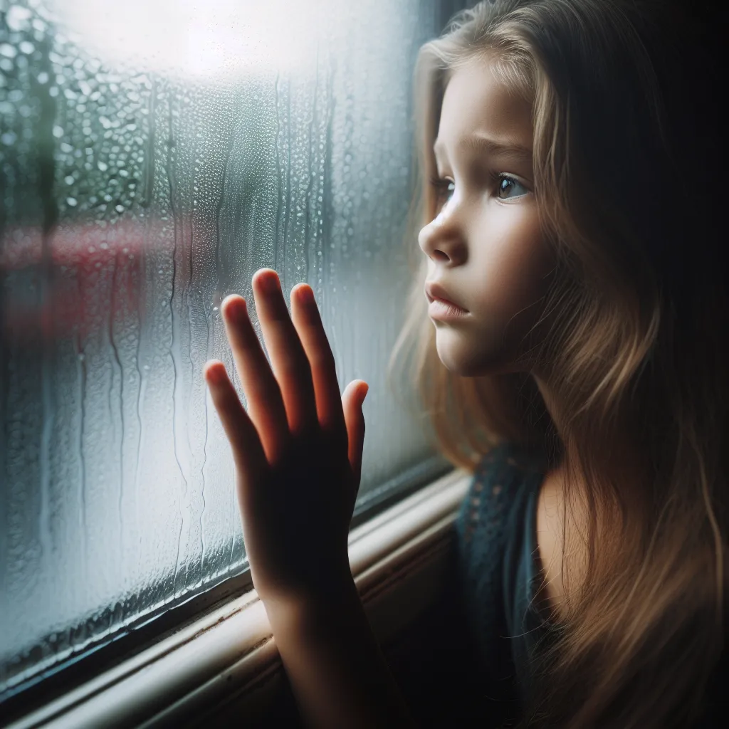 A young girl gazing out of a rain-streaked window, her hand pressed against the glass as she contemplates the world beyond.