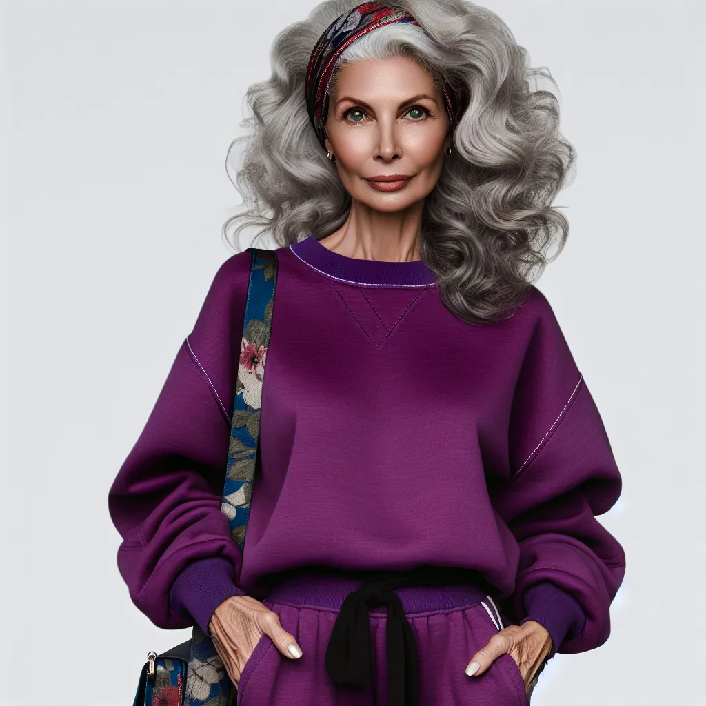 An image of Linda, a confident and stylish 65-year-old woman with silver-grey curls, wearing a vibrant purple sweatshirt and matching sweatpants. She stands tall with a determined expression, her green eyes shining. Linda's outfit is accessorized with a patterned headwrap and flip flops with a subtle floral pattern. She carries a purse over her shoulder and exudes a sense of self-assurance and resilience as she confidently goes about her day.