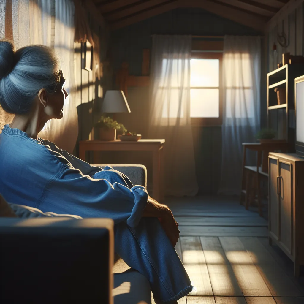 Description: An image depicting Margaret, a middle-aged woman with grey hair tied up in a bun, wearing a blue tank top and denim shorts, sitting on a sofa and watching TV in her small, cozy house. The room is dimly lit, with shadows cast by the setting sun outside. The atmosphere is peaceful and serene, as Margaret rests and finds solace in the simple joys of life.