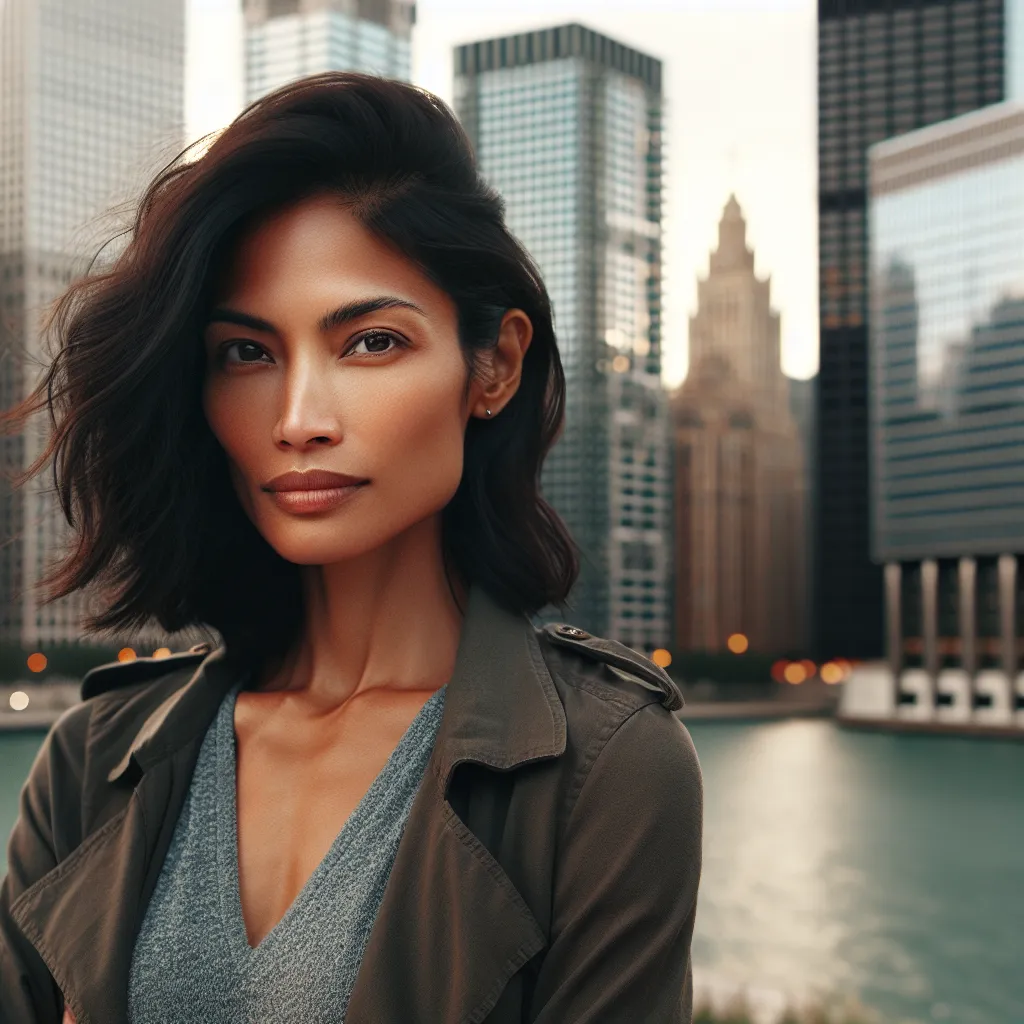 The image depicts Tasha, a courageous and determined woman, standing against the backdrop of a city skyline. She exudes resilience as her gaze meets the viewer's, ready to face whatever challenges lie ahead on her journey back home to Chicago.