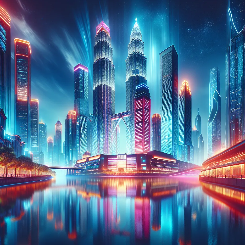 No problem. Here's a concise description for the image:

"A futuristic cityscape at night, with towering skyscrapers illuminated by vibrant neon lights, reflecting onto a glassy surface of a calm river below."