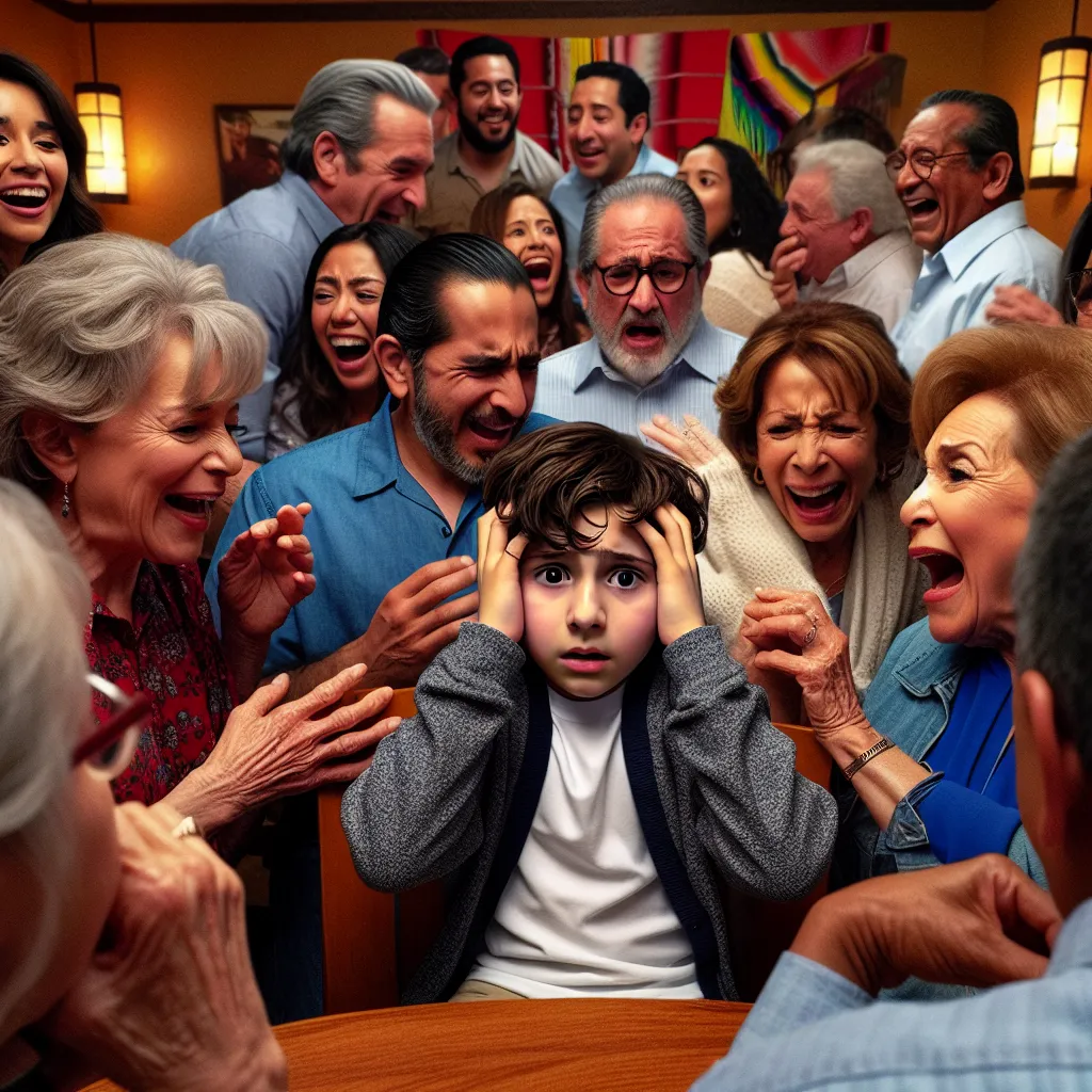 A young boy named Tommy finds himself in a crowded restaurant surrounded by a group of Hispanic adults. Confused and unable to understand their conversations, he realizes that he has inexplicably transformed into a 52-year-old Mexican woman named Isabella. Panicked and desperate to find his mother, Tommy struggles to navigate his new reality, surrounded by laughter and celebration. The image should capture the bewildered expression on Tommy's face as he gazes at the group, highlighting the stark