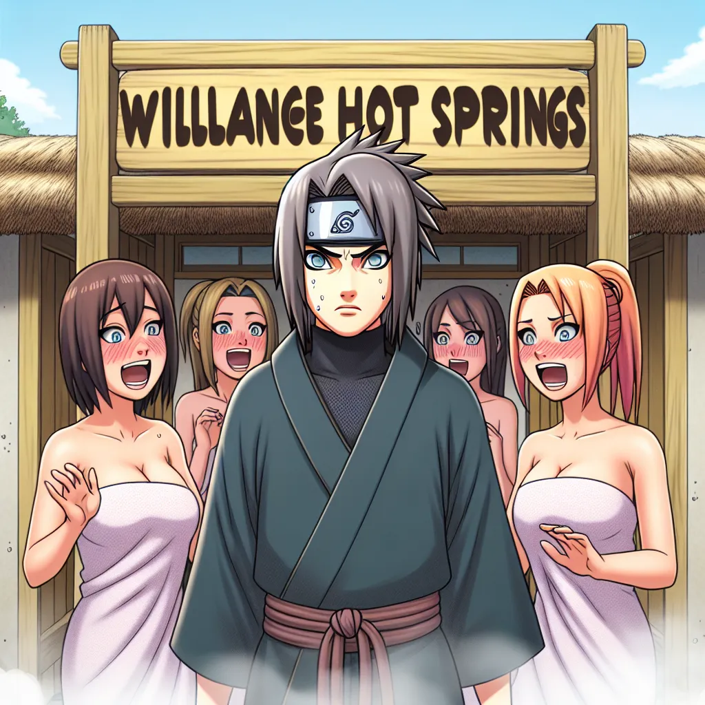 The image is of Naruto (now Naruko) standing at the entrance of the Konoha hot springs, looking startled and apprehensive as Sakura and Ino excitedly pull her towards the women's side.