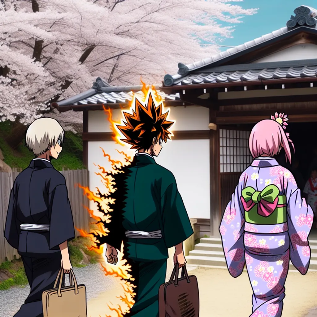 A depiction of Naruto Uzumaki being transformed into Naruko Uzumaki, as friends Sakura Haruno and Ino Yamanaka lead her towards the entrance of Konoha's hot springs.
