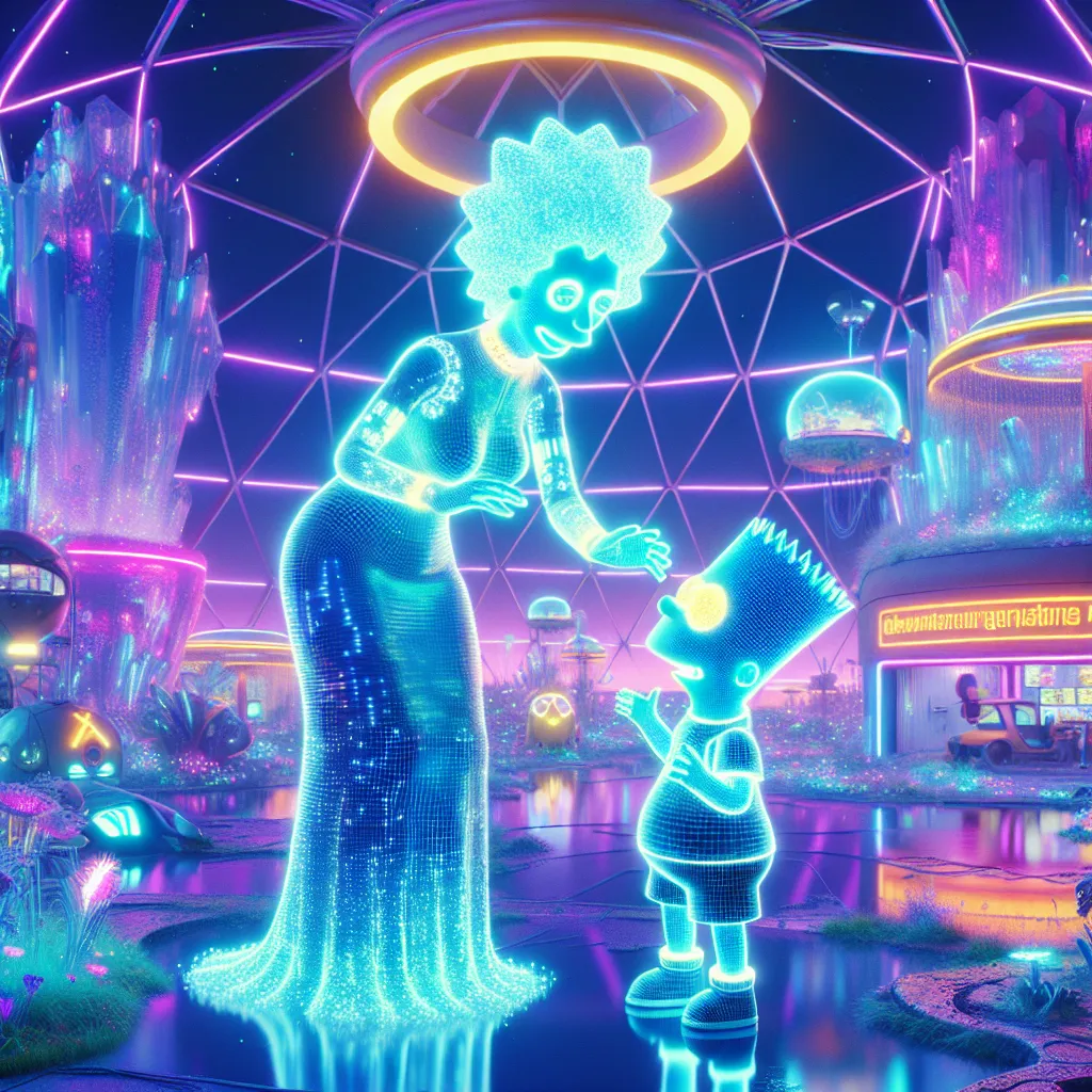 A futuristic scene set in Springfield, 2093, where Bart Simpson, glitched to appear as a child, is cared for by his motherly robotic Marge in a bioluminescent world under a crystalline dome.