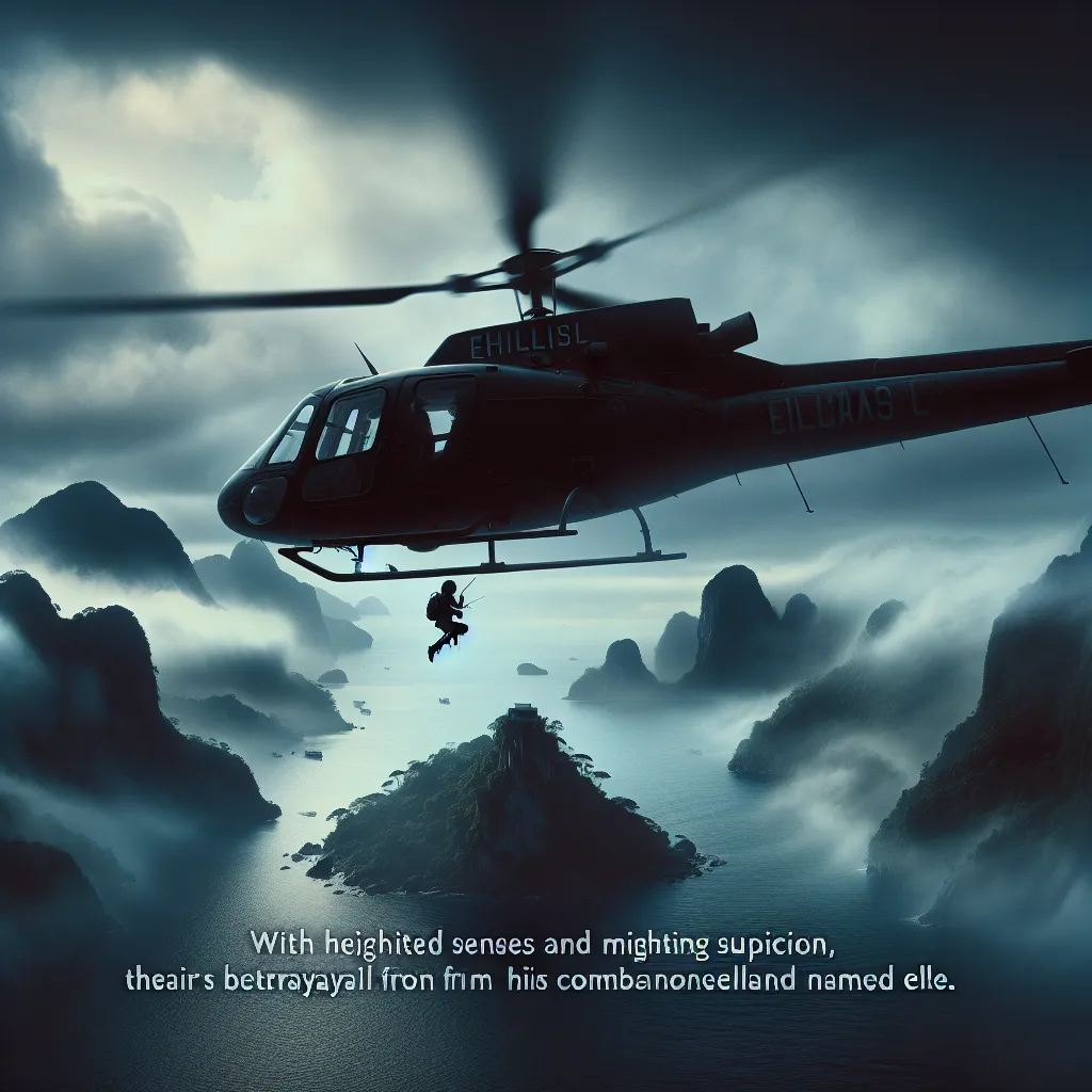 A tense thriller scene unfolds in a helicopter as Lee grapples with mounting suspicion and fear of betrayal from her companion, Elle. With heightened senses and a growing sense of dread, Lee must navigate a dangerous game of trust and deception high above an ominous, fog-shrouded island below.