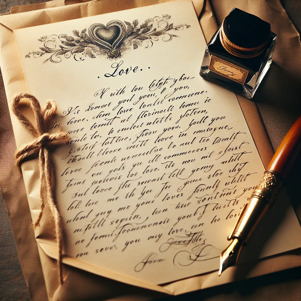 Description: A heartfelt love letter with a pen and stationery, symbolizing deep emotions, commitment, and the strength of a bond between two individuals.