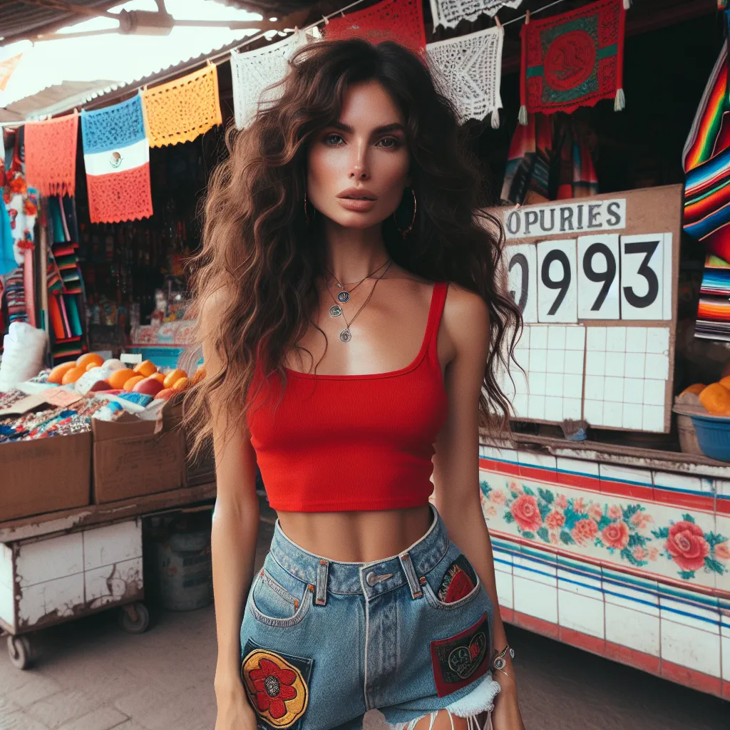 A woman named Carmella with long curly hair, wearing a vibrant red tank top and denim shorts with patches, stands in front of a Mexican market in a photograph from 1993.