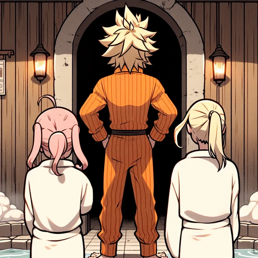 Naruto Uzumaki, now transformed into Naruko, stands at the entrance to a hot spring with Sakura and Ino, who are unaware of the drastic change.