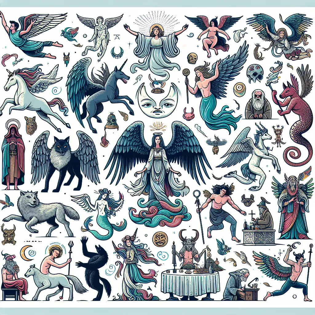 An illustrated depiction of various mythical creatures, including angels, unicorns, werewolves, and mermaids, representing the biodiversity of Earth's mythological beings.