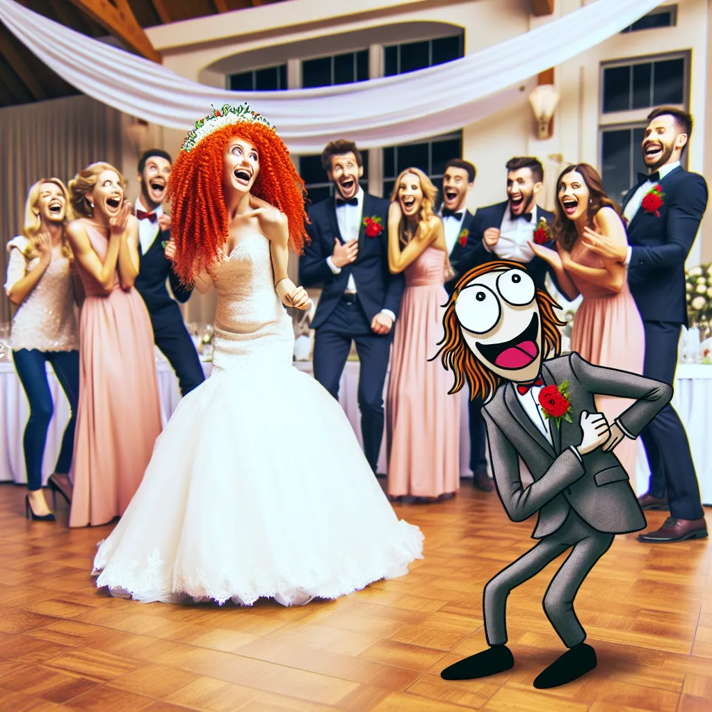 This image will depict a comedic wedding scene, with the main character's best friend temporarily possessing the body of the bride. The image will show the best friend, dressed in a wedding gown with eccentric red curls, twerking on the dance floor while guests laugh and react in surprise. The main character, looking embarrassed and exasperated, will be seen standing nearby.