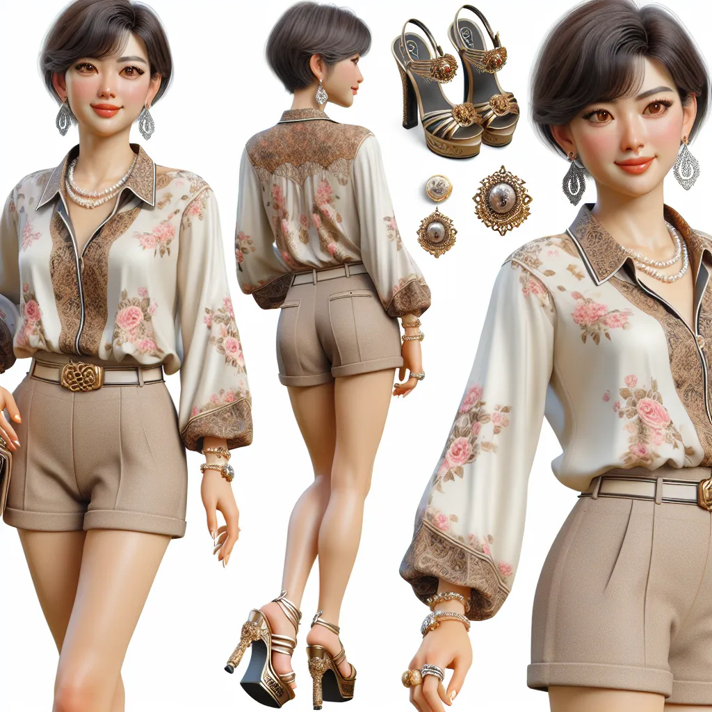 An image depicting Mrs. Kim, a Korean woman in her late 60s, wearing an elegant blouse with floral patterns and beige shorts, while her platform sandals feature intricate golden designs. She has silver hoop earrings and a pearl necklace, and is wearing an ornate brooch pinned to her blouse. Mrs. Kim has a warm brown eyes and a chic pixie cut hairstyle.