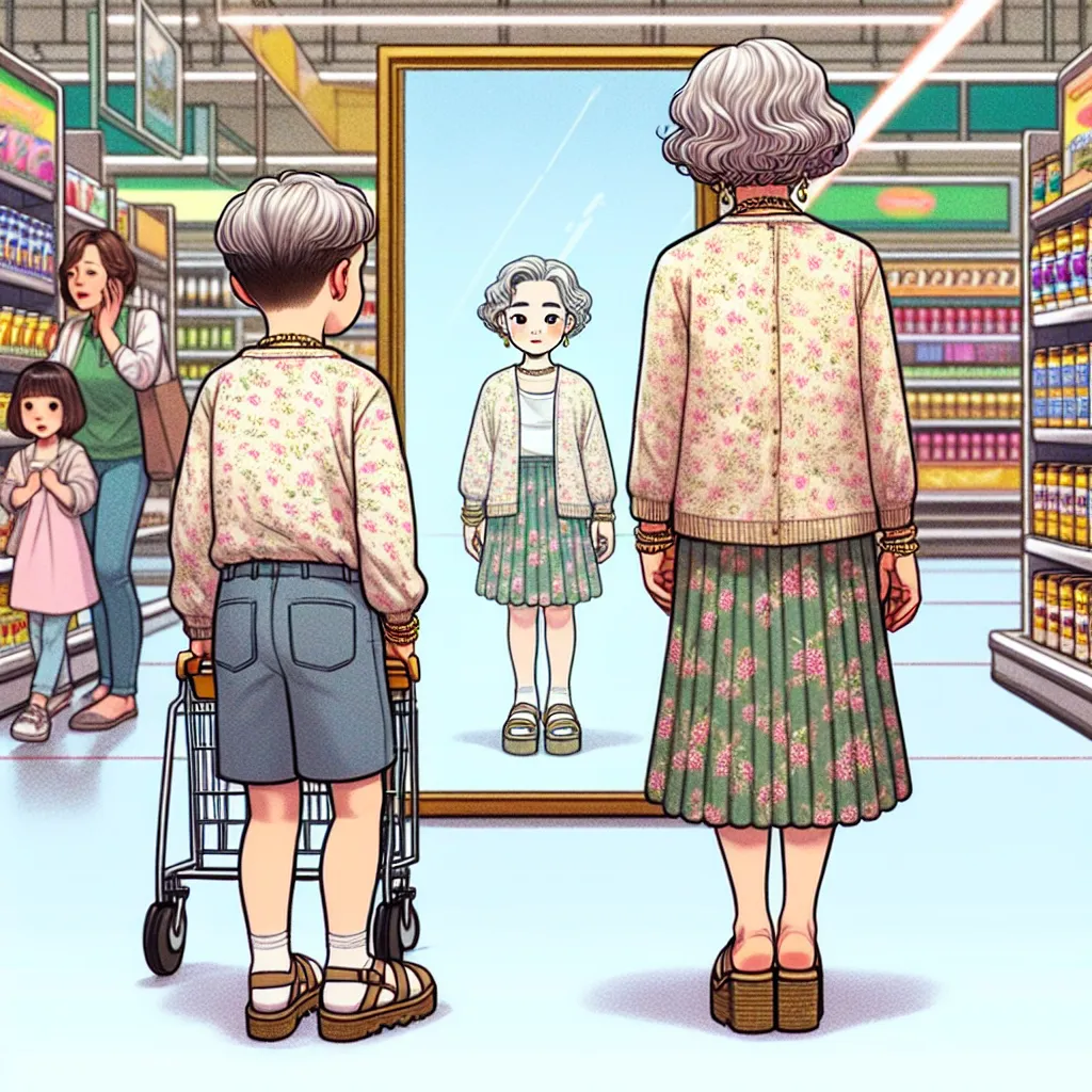 A detailed story about a boy named Eli experiencing a magical transformation into a Korean grandmother named Min-hee while at the grocery store with his mom and grandma. The image should capture the moment of Eli's transformation, showing Min-hee's detailed appearance, including her outfit, jewelry, and platform sandals, as she gazes in shock at her reflection in a store mirror.