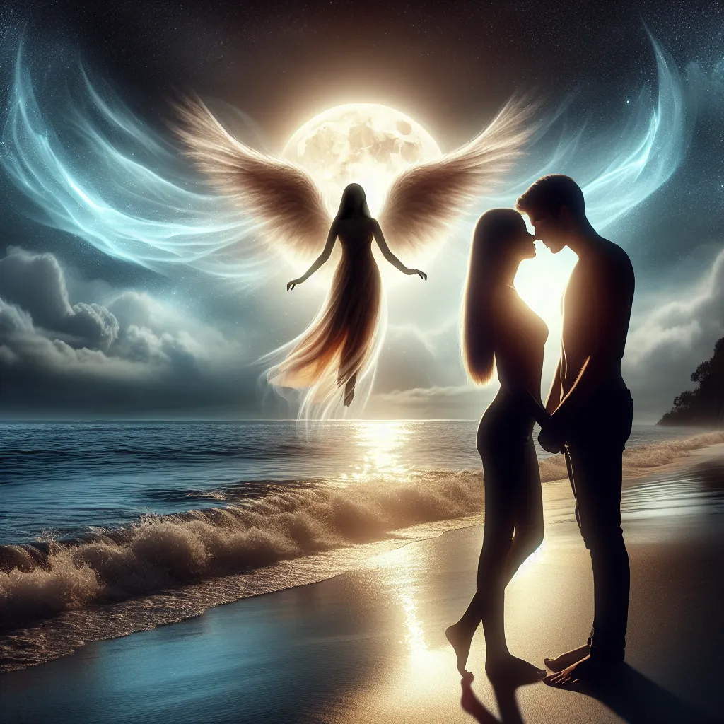 Title: Angel's Whisper
 
Description: A captivating image capturing the essence of love and romance. Two silhouettes stand on a moonlit beach, their arms intertwined as they share a tender moment. The soft glow of the moon and gentle waves add an ethereal touch, while an angelic figure hovers above, casting a warm light upon the couple, symbolizing love's guiding presence. A truly magical scene filled with passion and tranquility.