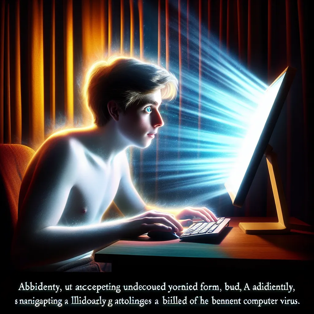 A young man, Lan Hikari, sits alone in his dimly lit room with his computer as the focal point. The screen emits a mysterious glow, capturing Lan's attention and sparking a secret desire within him. Suddenly, a blinding light engulfs him, causing his body to undergo a radical transformation. Shocked yet exhilarated, Lan embraces his new form, a virus known as the Shrimpy, and explores his altered identity with a mix of fear, excitement, and fulfillment.