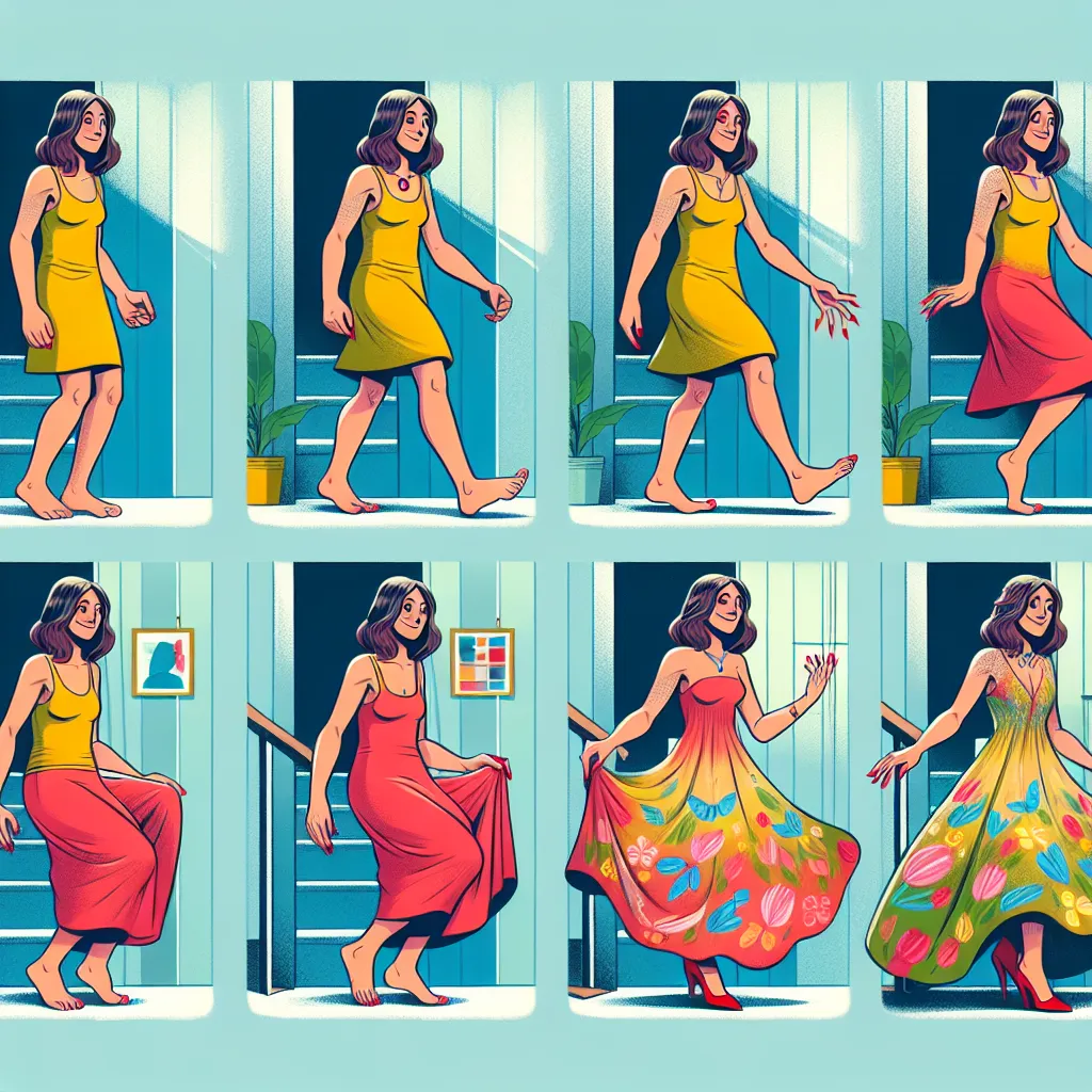The image will depict the transformation of Caleb into Soledad Garcia, a Mexican woman, starting with his feet and moving up to his head, showcasing each detail in vivid transformation. The character will be portrayed in a domestic setting, reflecting her shock and emotional journey as her physical appearance changes. The final image will show Soledad in her colorful Mexican dress, red-nailed hands, and a warm, genuine smile, embodying her newfound identity and sense of joy.