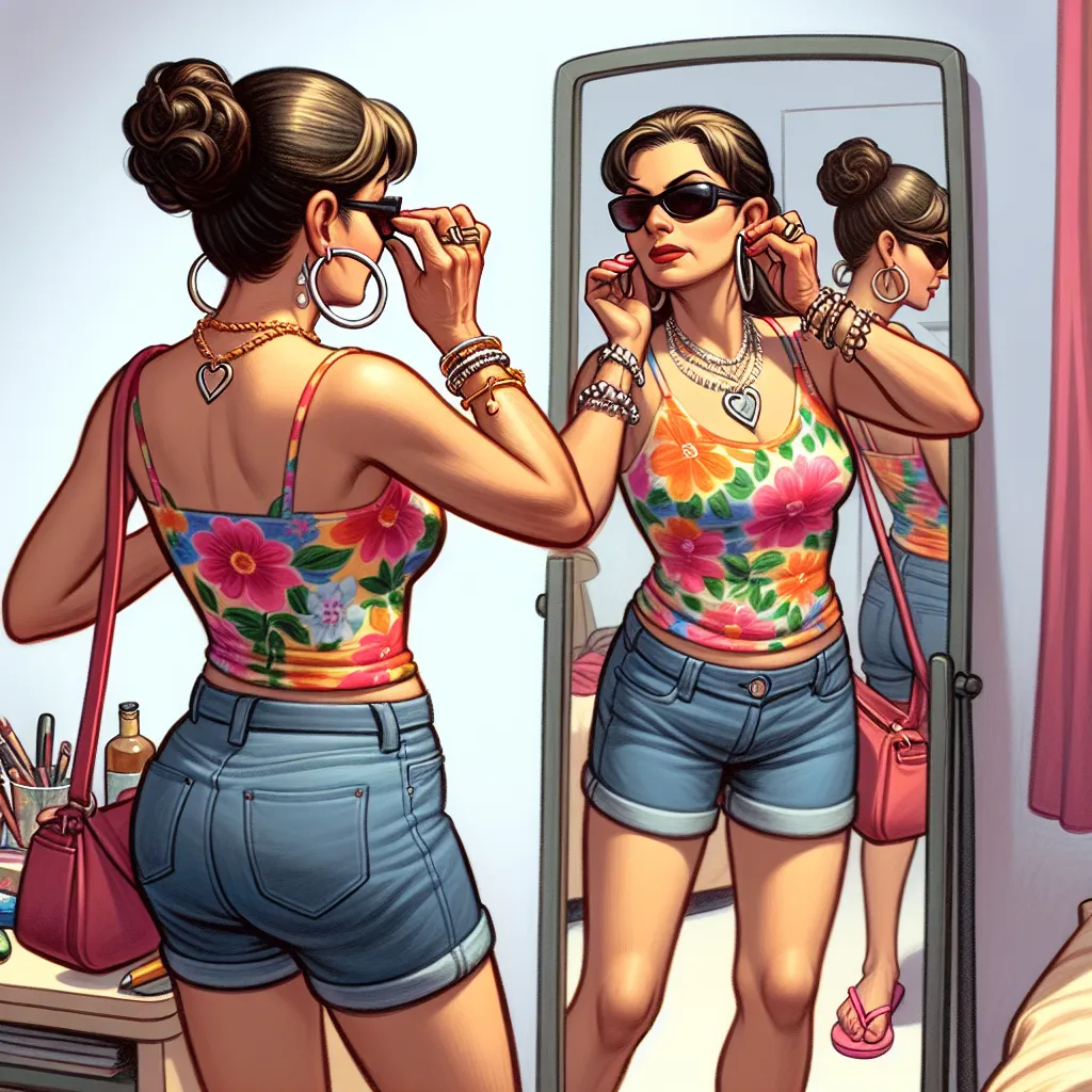 Description for the image:
The image depicts a middle-aged woman, Rosa Sanchez, getting ready in front of a mirror. She is wearing a vibrant floral tank top with denim shorts and pink flip flops. Her hair is styled in a bun, and she is wearing hoop earrings, a gold bracelet, a silver necklace with a heart pendant, pearl stud earrings, and an anklet. She is putting on sunglasses and carrying a purse over her shoulder. The scene captures Rosa's confusion and new identity as she stands in her forme