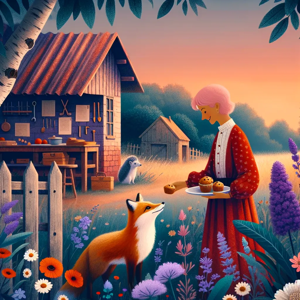 "A gentle dusk scene behind an old workshop where Amy Rose discovers a lost fox kit named Tails among the wildflowers. Amy extends kindness and muffins, earning the fox's trust. Before Sonic arrives, Amy comforts Tails, promising he'll never be alone again."