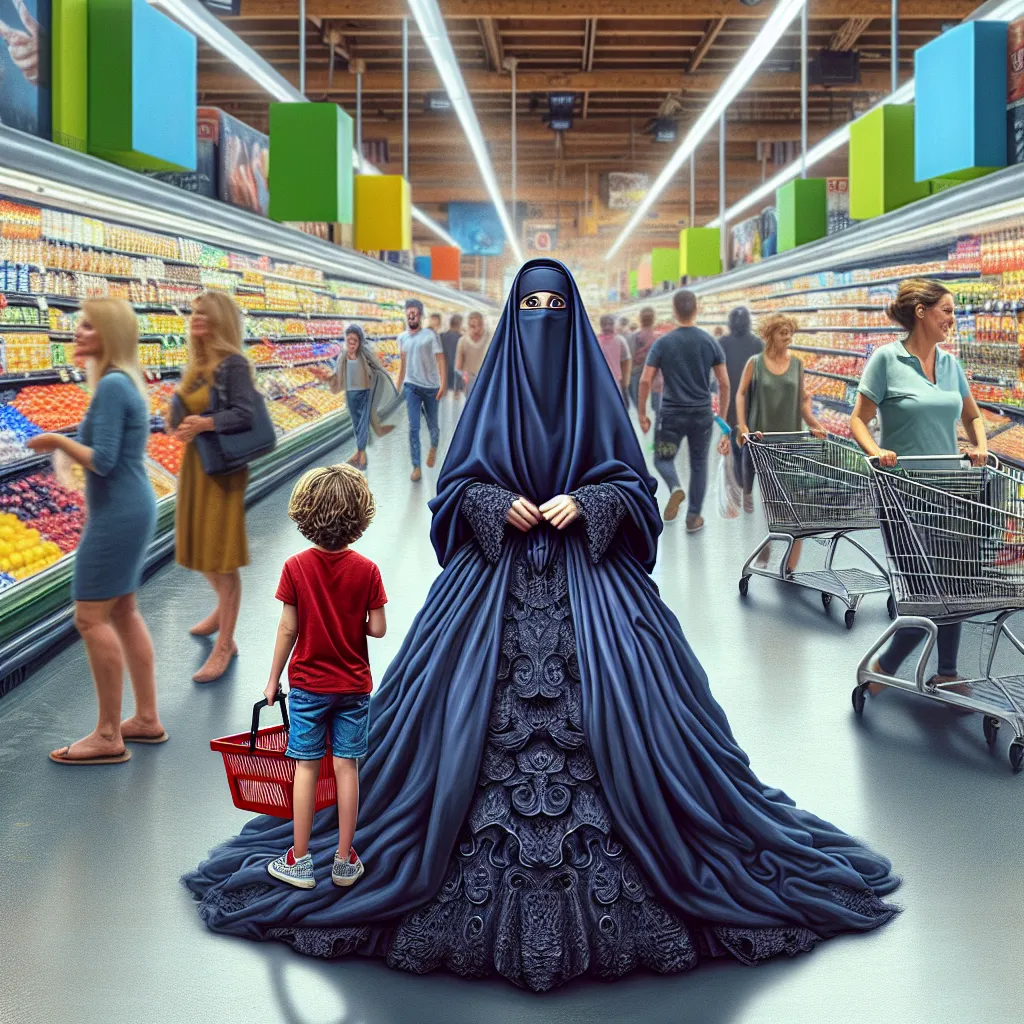A nine-year-old boy named Timothy finds himself inexplicably transformed into the form of a regal woman in a grocery store, wearing a navy gown and a niqab. As he grapples with his new appearance and language barrier, the world around him continues as if nothing has changed.