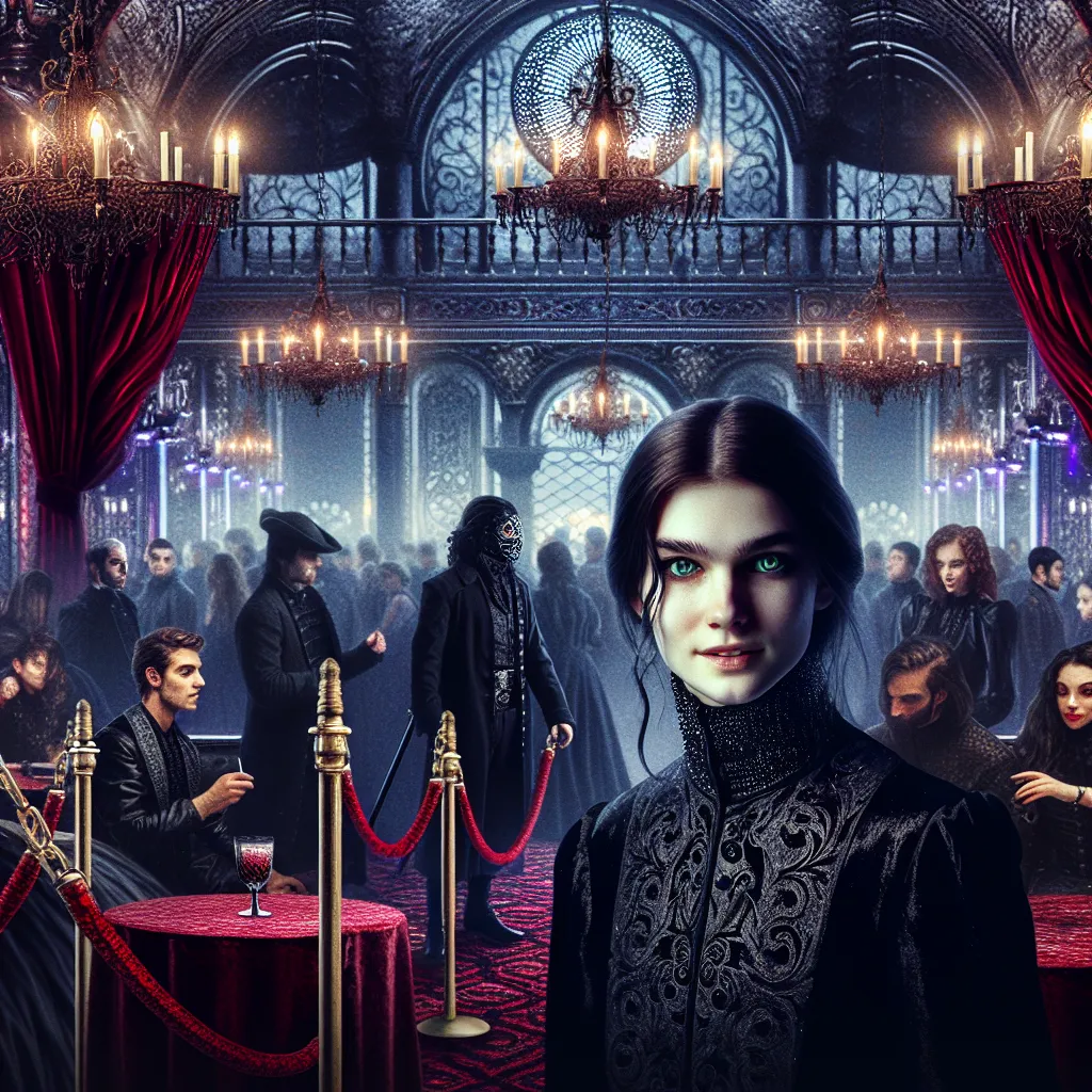 Image Description: In a gothic nightclub called The Raven's Nest, an enigmatic young woman named Isabella Devereaux, with pale skin and long dark hair, oversees the preparation for the daring event, L'Fête Érotique. The club is adorned with ornate iron chandeliers, velvet drapes, and leather-clad clientele. Crimson velvet ropes cordon off intimate stages where masked dancers will perform provocatively. The room is illuminated by flickering candelabras, casting an alluring glow. As midnight appro