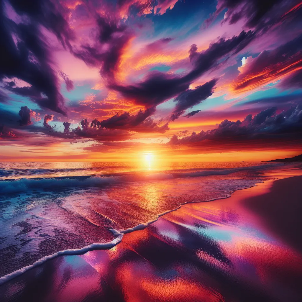 A picturesque sunset at a tranquil beach, with vibrant hues of orange and purple reflecting on the calm ocean waves.