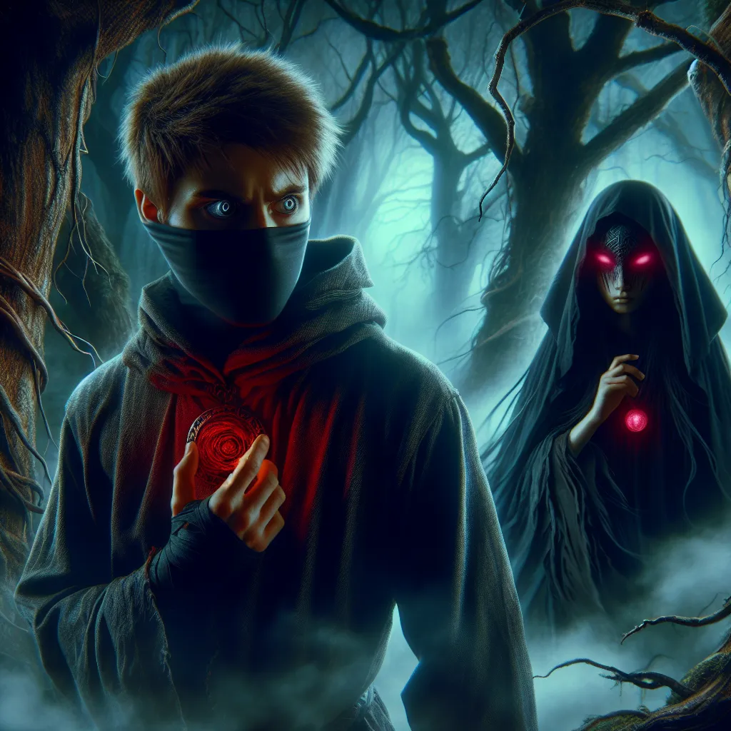 An image of Naruto Uzumaki, his eyes transformed to a haunting black void, standing in a dense fog-filled forest with twisted trees and mysterious shadows. A cloaked woman with glowing crimson amulet appears beside him, as if speaking to him. The atmosphere is eerie and foreboding, conveying the horror genre of the story.