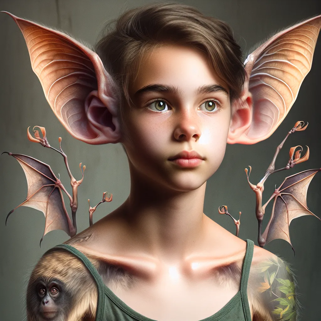 An image to accompany this story could depict a young person with partially transformed features. They may have elongated ears akin to bat ears, and the beginnings of wings emerging from their upper arms. Their face could showcase subtle changes, such as a slightly reshaped nose and enlarged pupils. The image should evoke a sense of wonder and curiosity, capturing the moment of transformation and the merging of human and chiropteran characteristics.